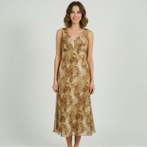 Vintage Yellow and  Brown Floral Dress Layered Chiffon Lined Elegant Tea Length